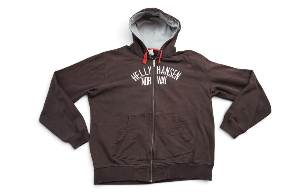 Helly Hansen Norway Hoodie Mens 2XL Brown Zip Graphic Fleece Sweatshirt FLAW